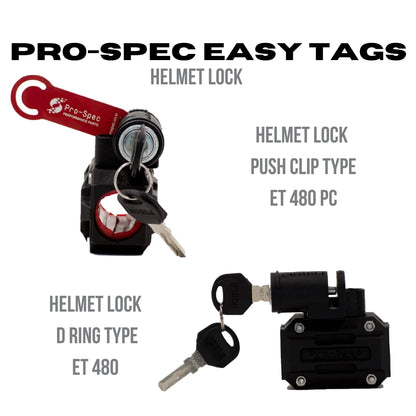 Pro-Spec Easy Tag ET 480 and ET 480-PC helmet lock for push clip and D-ring helmets